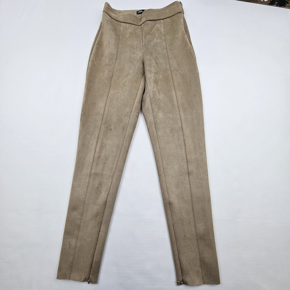 Zara Women Faux Suede Leggins Size Small Color Brown Tan Elastic Waistband Comfy - Picture 11 of 13